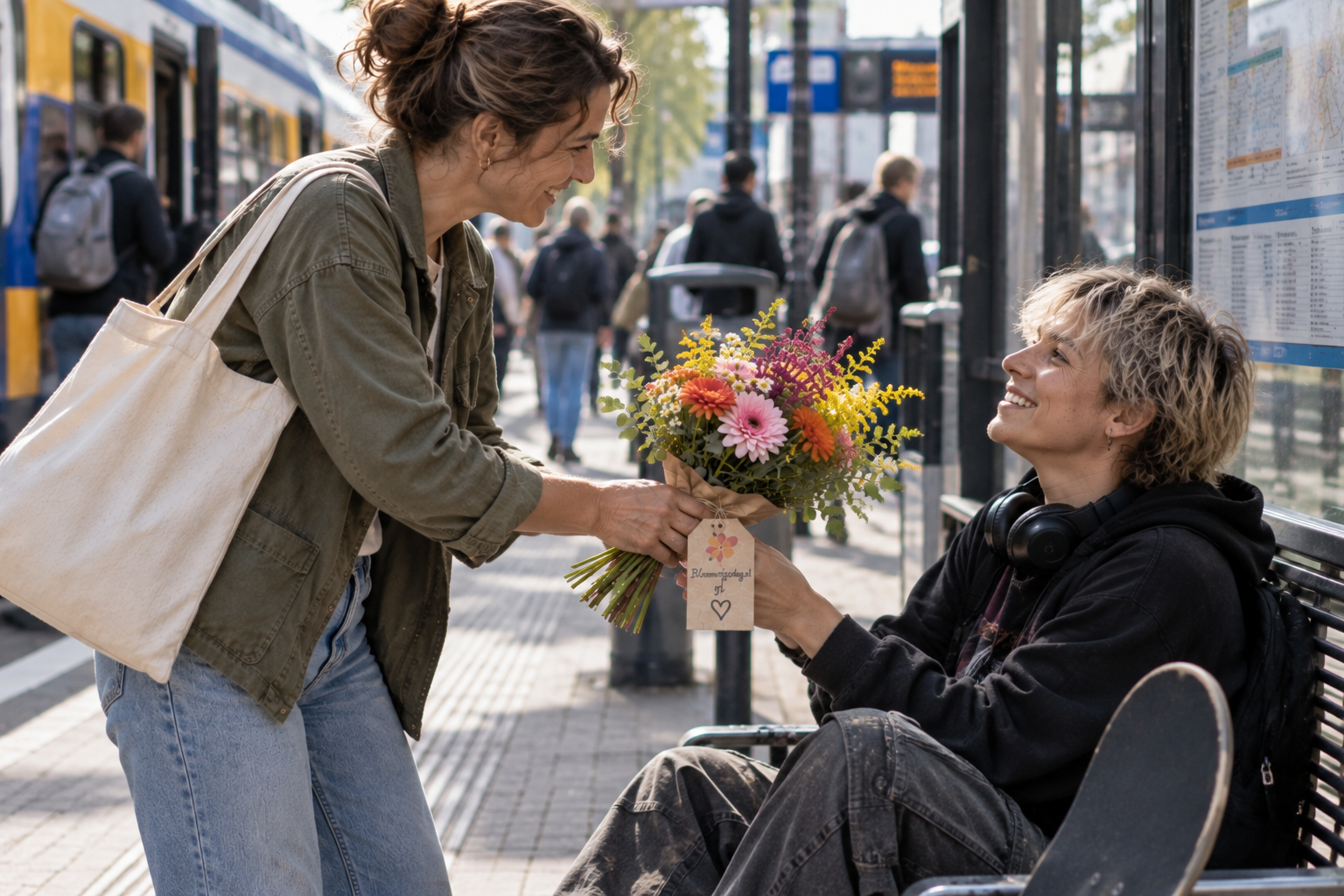 Een bloemetje wordt bij het station gegeven