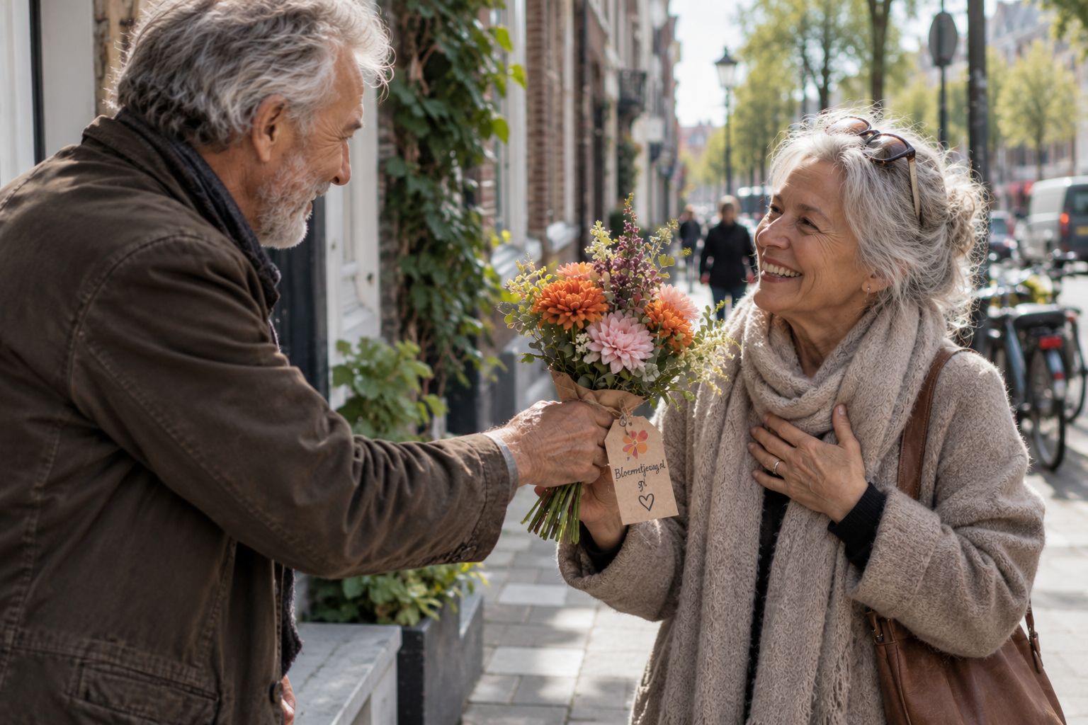 Een bloemetje wordt op straat gegeven